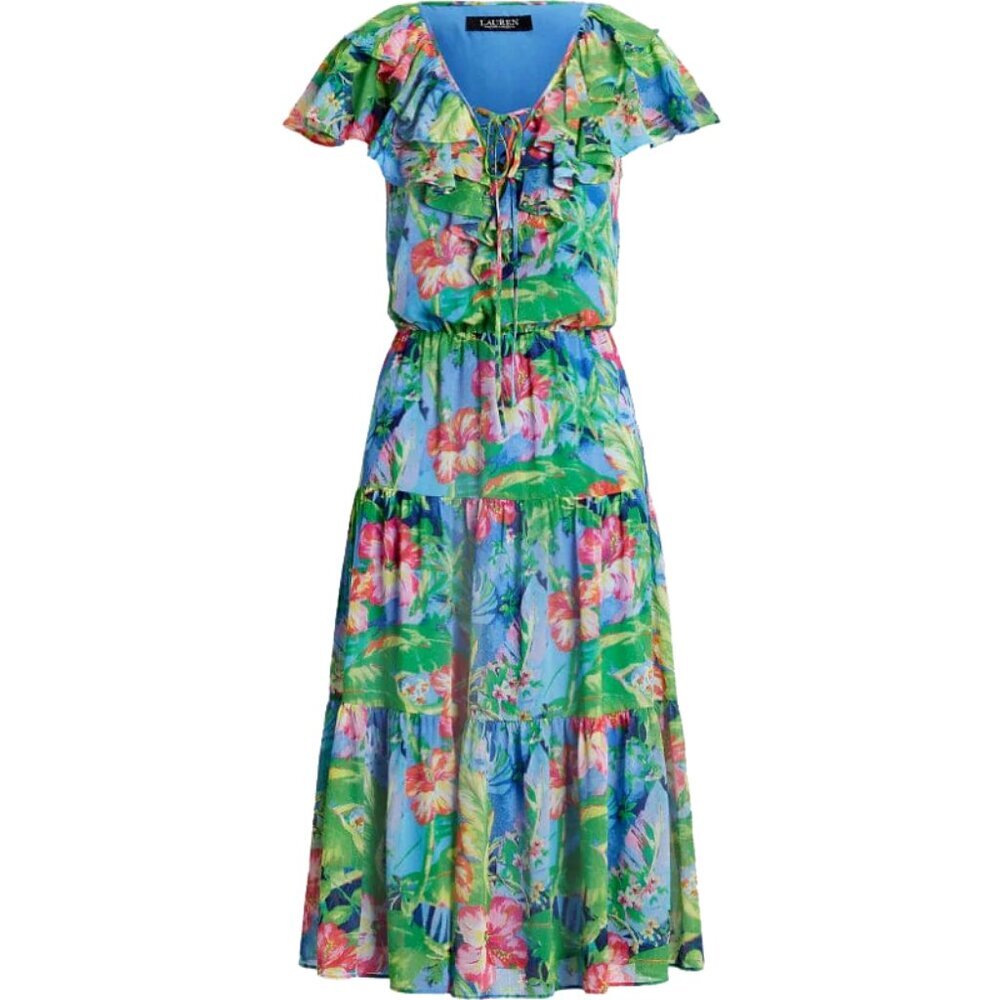NWT Lauren Ralph Lauren Floral Crinkle Georgette Tiered Dress 10